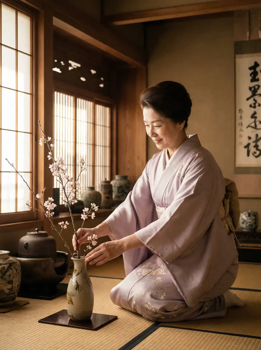 一位优雅的 探花视频 在和室中插花
